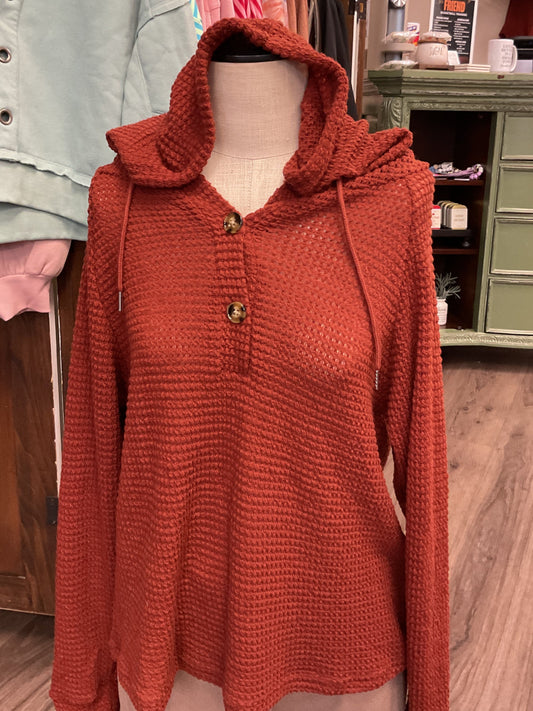 Rust colored mesh LS hoodie two buttons