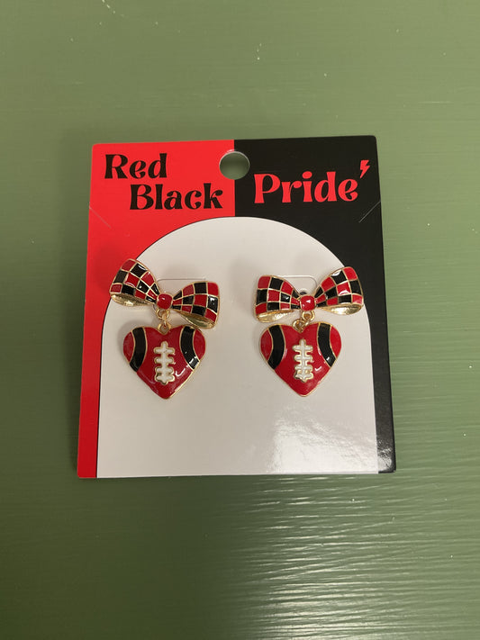 Red and Black Heart and Bow Football Earrings