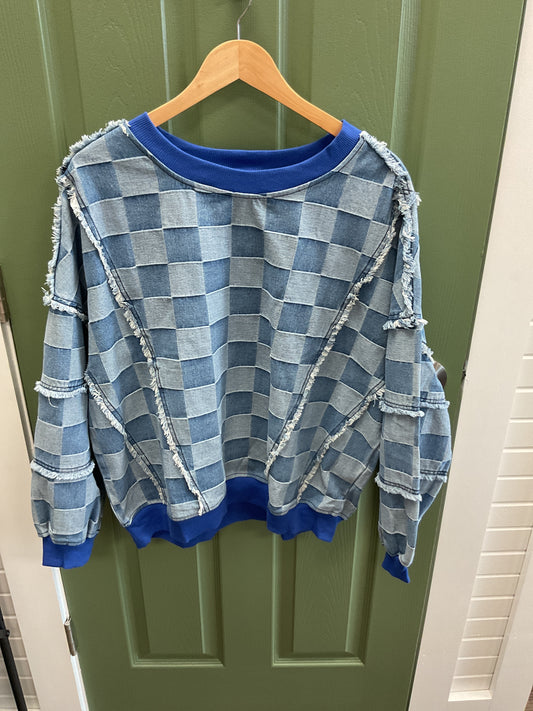 BLUE CHECKERED DENIM OVERSIZED SHIRT ROYAL BLUE COLLAR