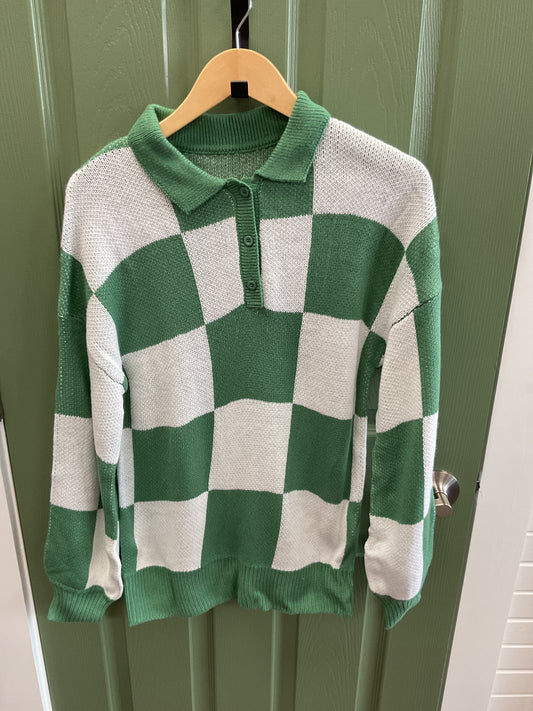 GREEN & WHITE CHECKERED SWEATER BUTTON TOP W COLLAR
