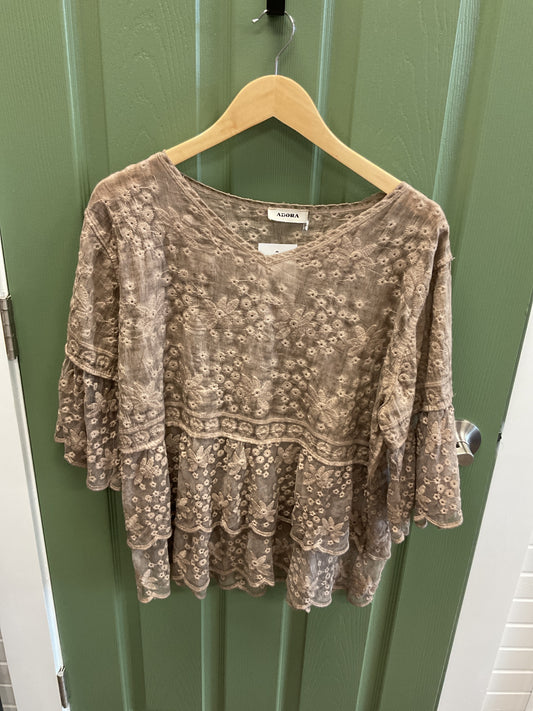 KHAKI LACE BLOUSE 3/4 BELL SLEEVES
