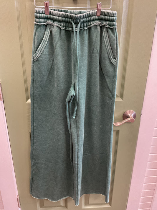 DARK GREEN MINERAL WASH PALAZZO SWEATPANTS