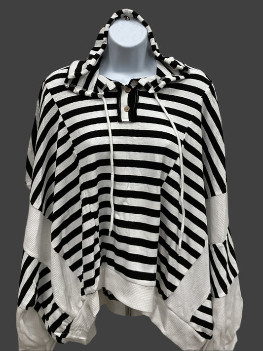 Black and white oversized striped hooded top