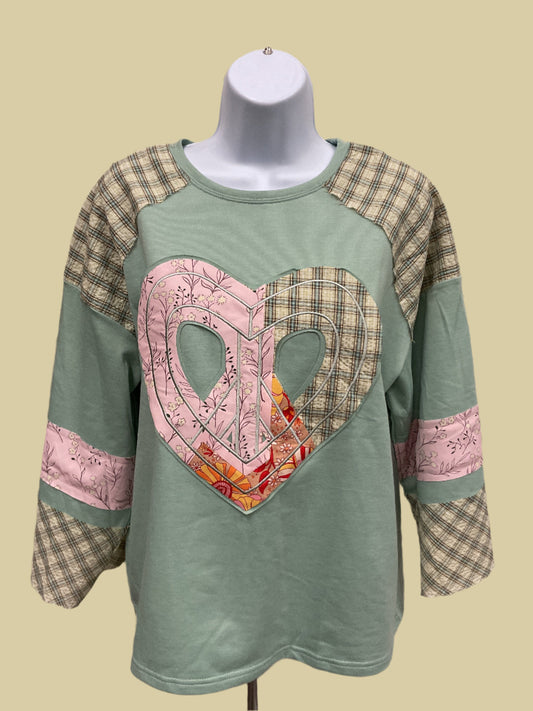 Sage Patchwork heart plaid/floral LS top