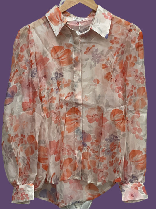 Floral translucent puff sleeve blouse