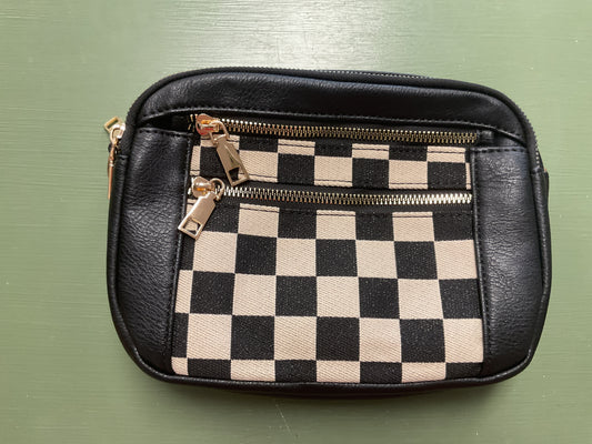 black/brown vegan leather cross body purse with checkers