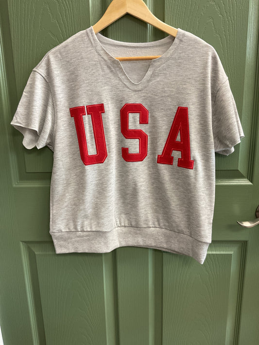 gray USA cut neck, sweatshirt, short sleeved