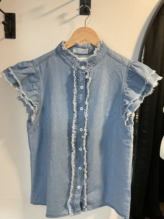 Denim button down ruffle sleeves