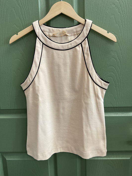Beige ribbed High neck long tank top
