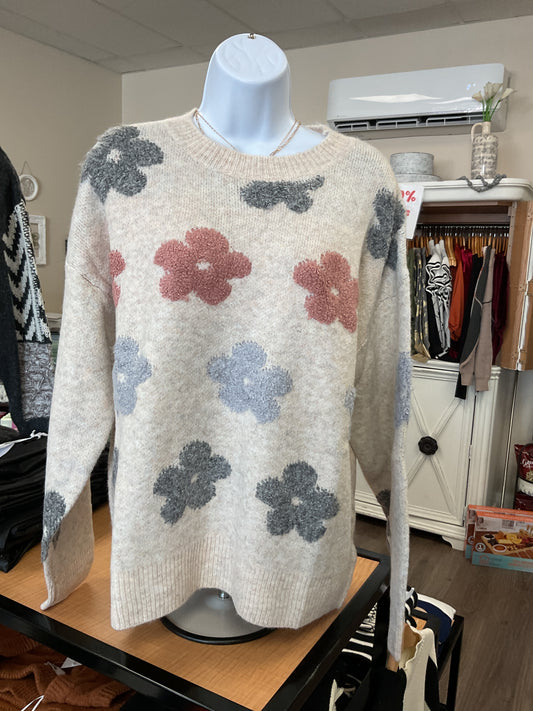 CREAM SWEATER W PINK AND GRAY FLOWERS