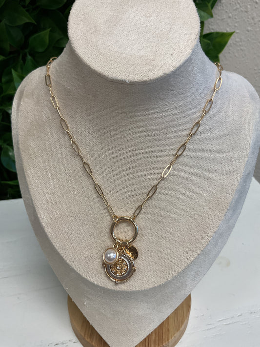 Gold chain with coin and pearl clip charm