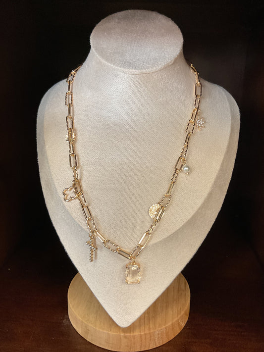 Clear gem/cross/clover, charm necklace gold