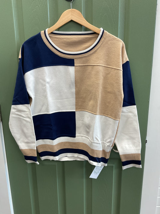 Navy tan and white color-block Long sleeve sweater