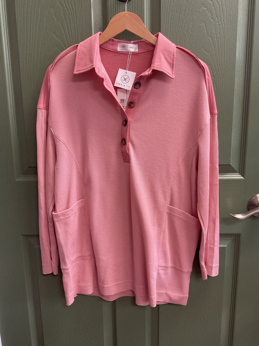 Long sleeve waffle knit 3 quarter button up with pockets