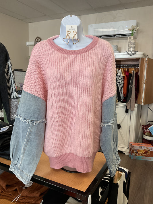 PINK SWEATER WITH DENIM DISTRESSED SLEEVES