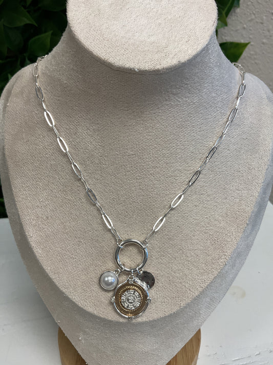Silver necklace with coin and pearl clip charm and studs