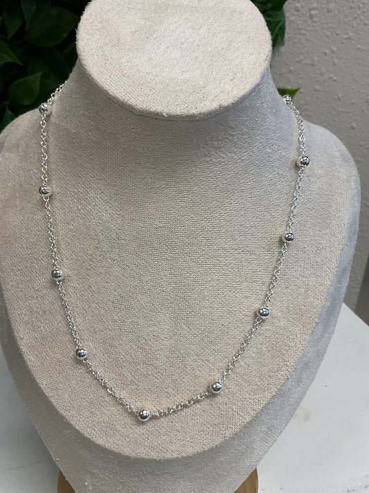 Silver bead, and chain necklace with studs
