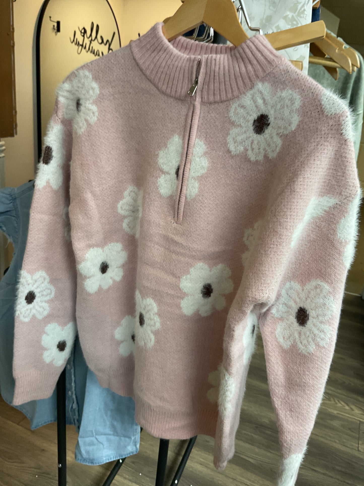 Pink flower sweater 3/4 zip