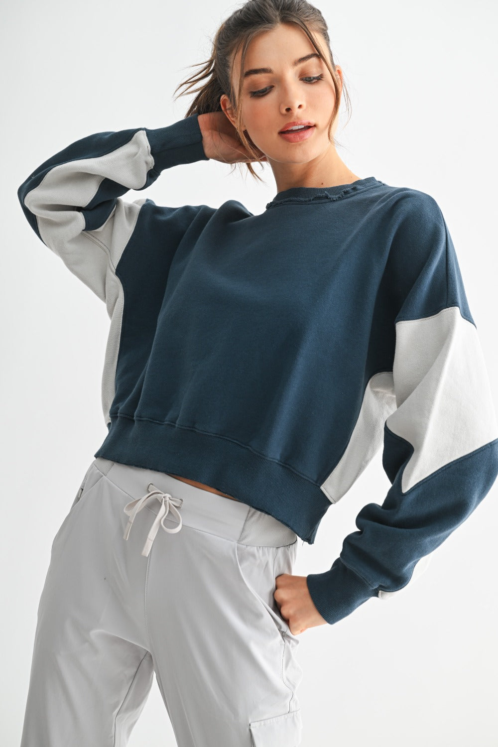 MONO B TEAL AND WHITE CROP SWEATSHIRT