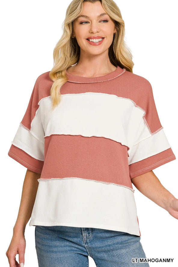 FRENCH TERRY COLOR BLOCK PEACH N WHITE T SHIRT