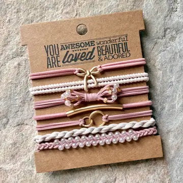 PINK AND TAN HAIRTIE BRACLETS WITH BOW CHARM